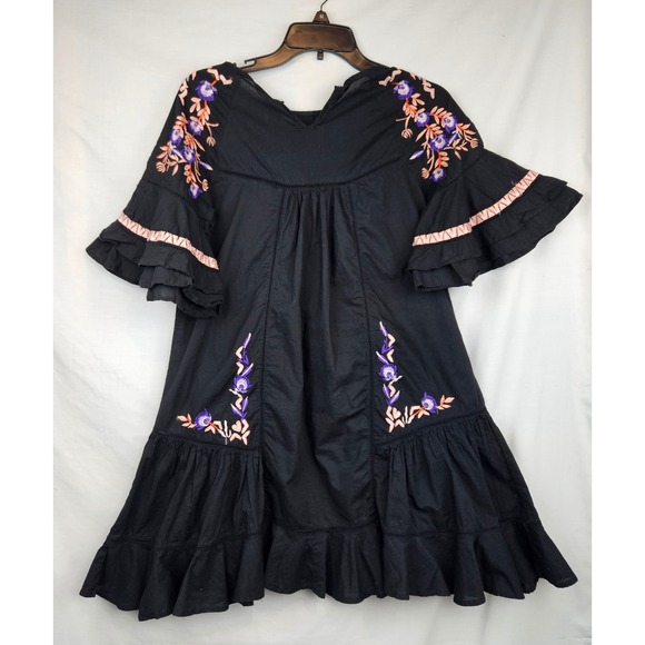 Free People Pavlo Black Embroidered Ruffle Tiered‎ Dress S Boho Cottagecore - Picture 2 of 7